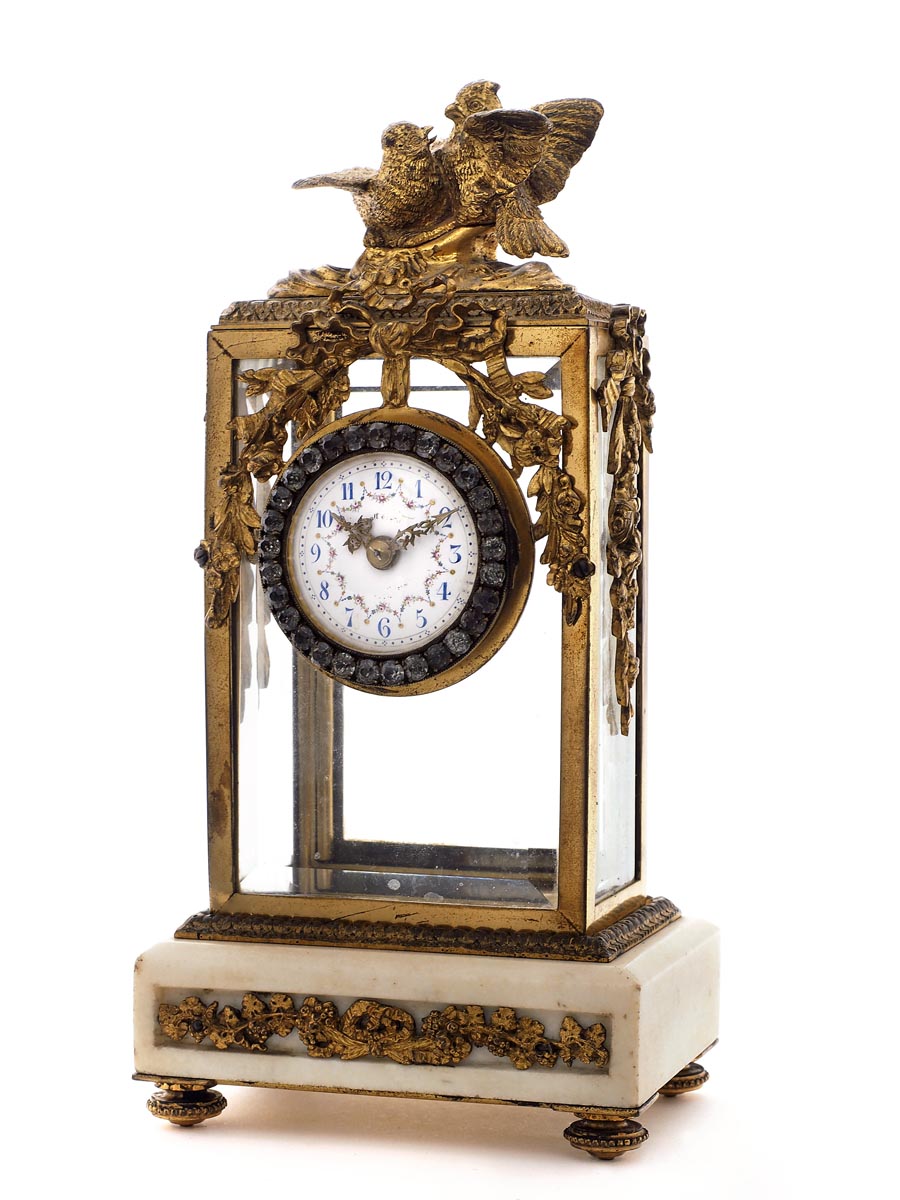 Miniature Four Glass Clock, Featuring Lovebirds.  Circa 1890