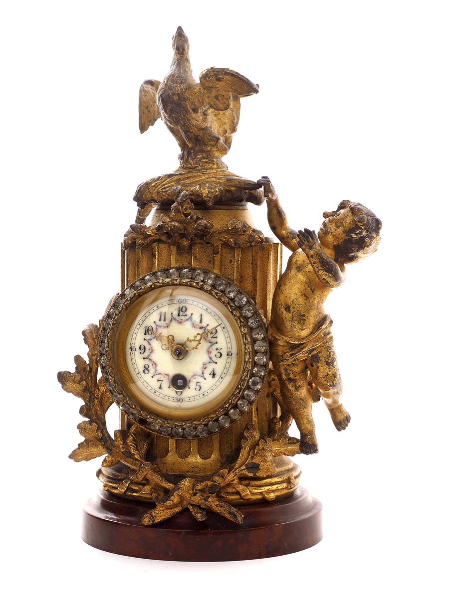 French, Miniature Clock Featuring Rooster.  Circa 1900